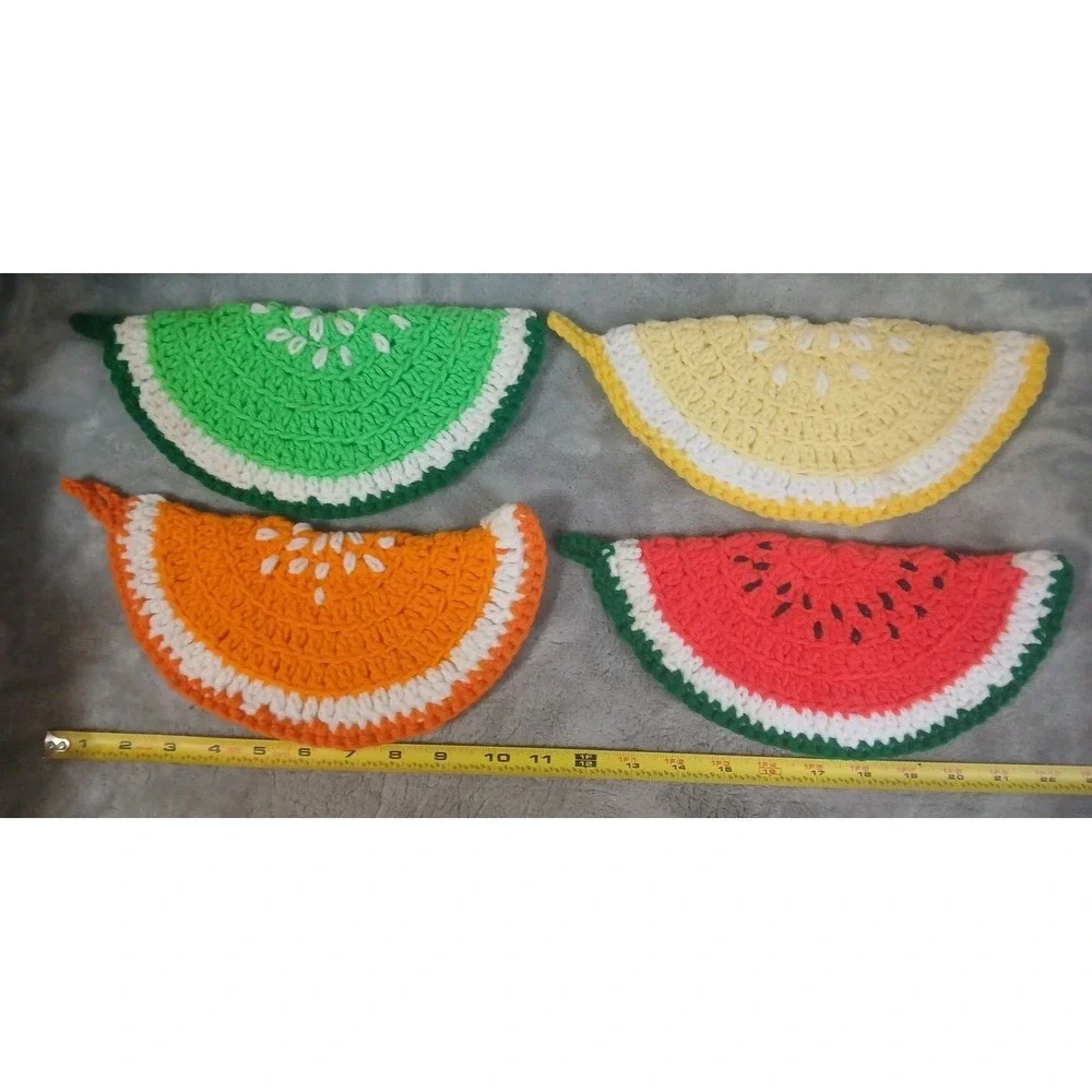 4 Handmade Crochet Pot Holders Fruit Slices Orange‎ Lime Lemon Watermelon READ